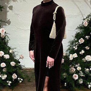Vintage Faviana Classy Velvet Brown Dress Open Back High Neck Size 12